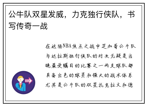 公牛队双星发威，力克独行侠队，书写传奇一战