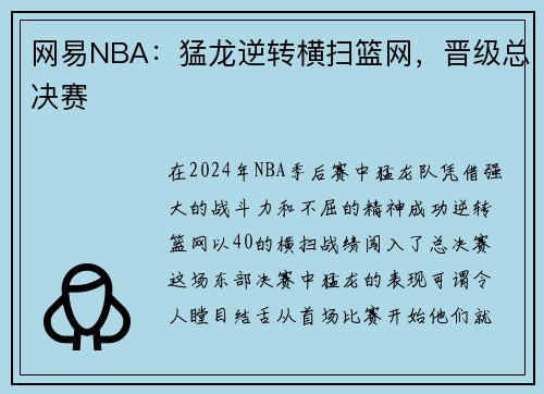 网易NBA：猛龙逆转横扫篮网，晋级总决赛
